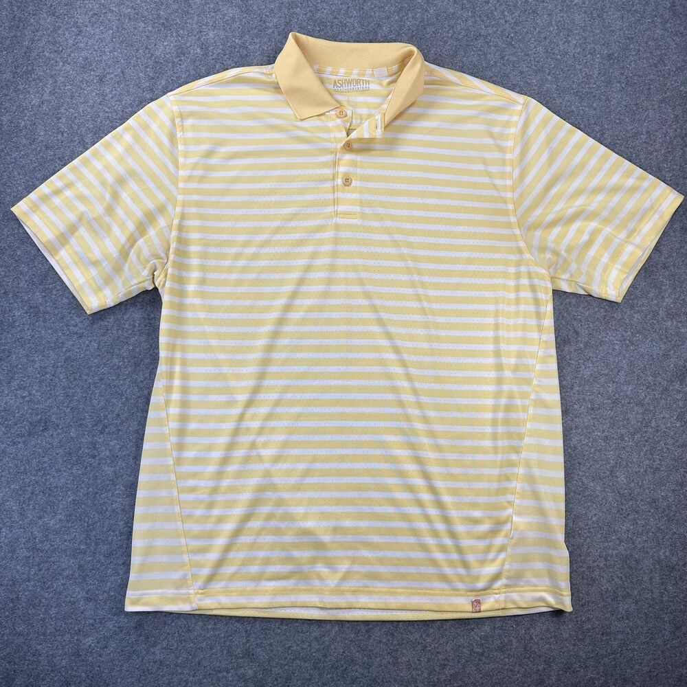 Ashworth Weather Systems Golf Polo Shirt Mens Large Yellow Striped Performance